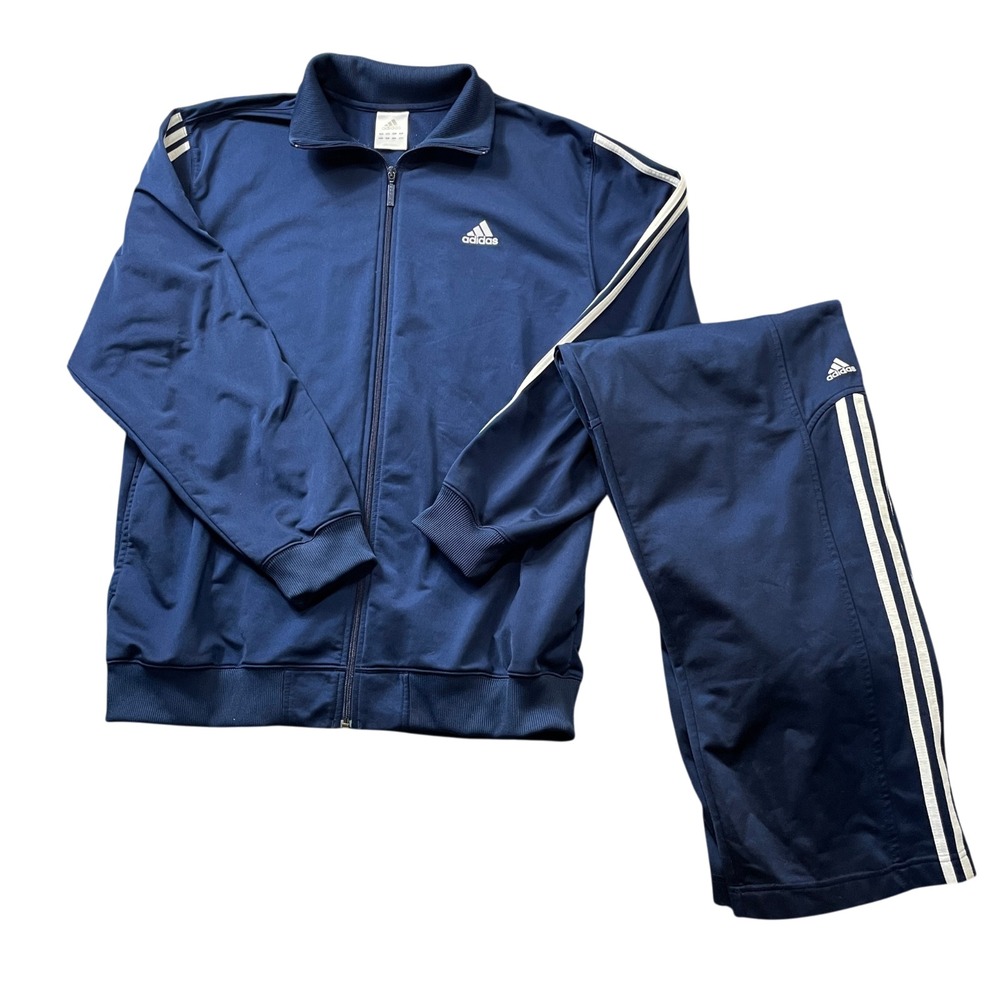Adidas Large Men's 3-Stripes Tracksuit Set Navy Warm Up Set 100% Polyester